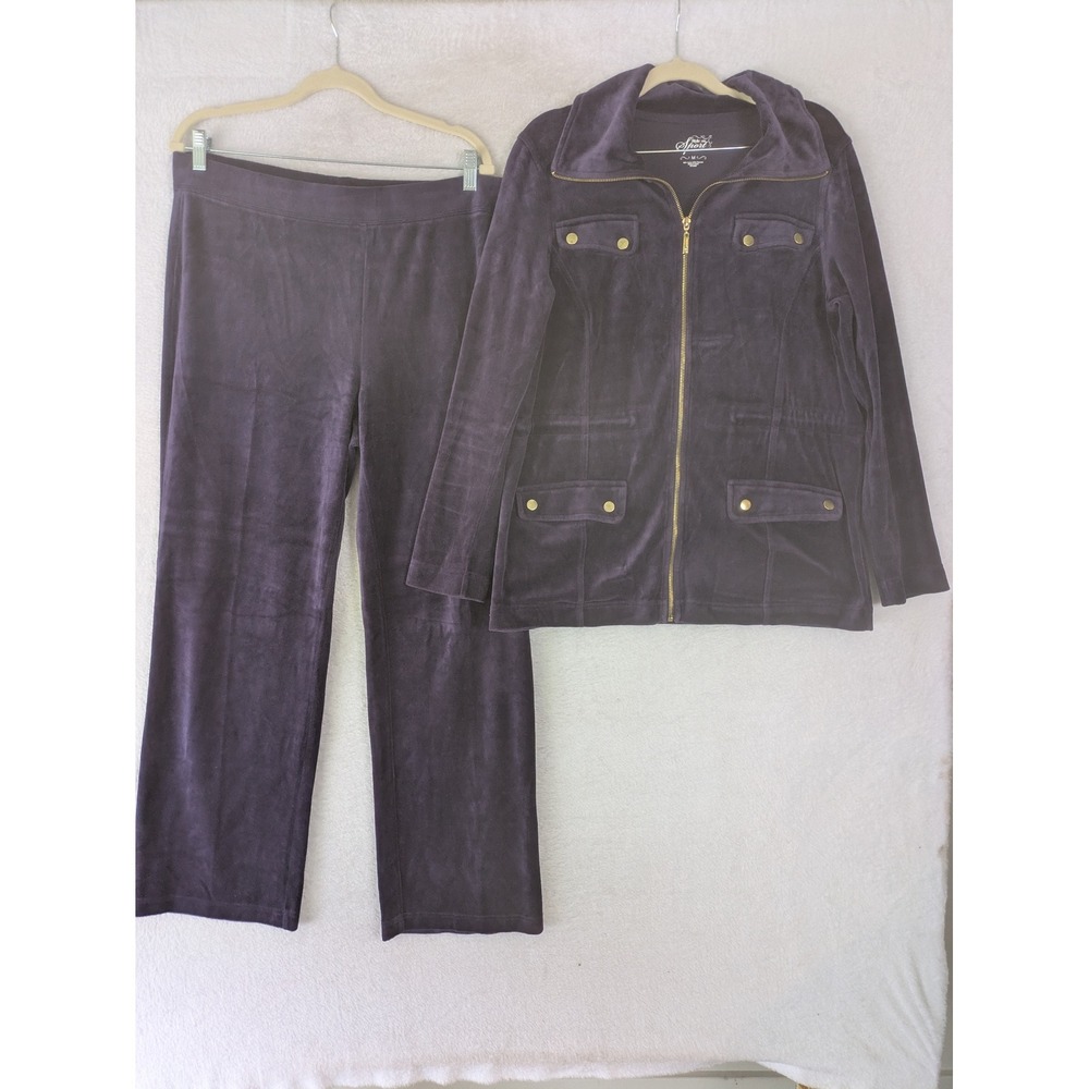 Style & Co Sport Tracksuit Women's M Purple Velour Zip Jacket Straight Leg Pants